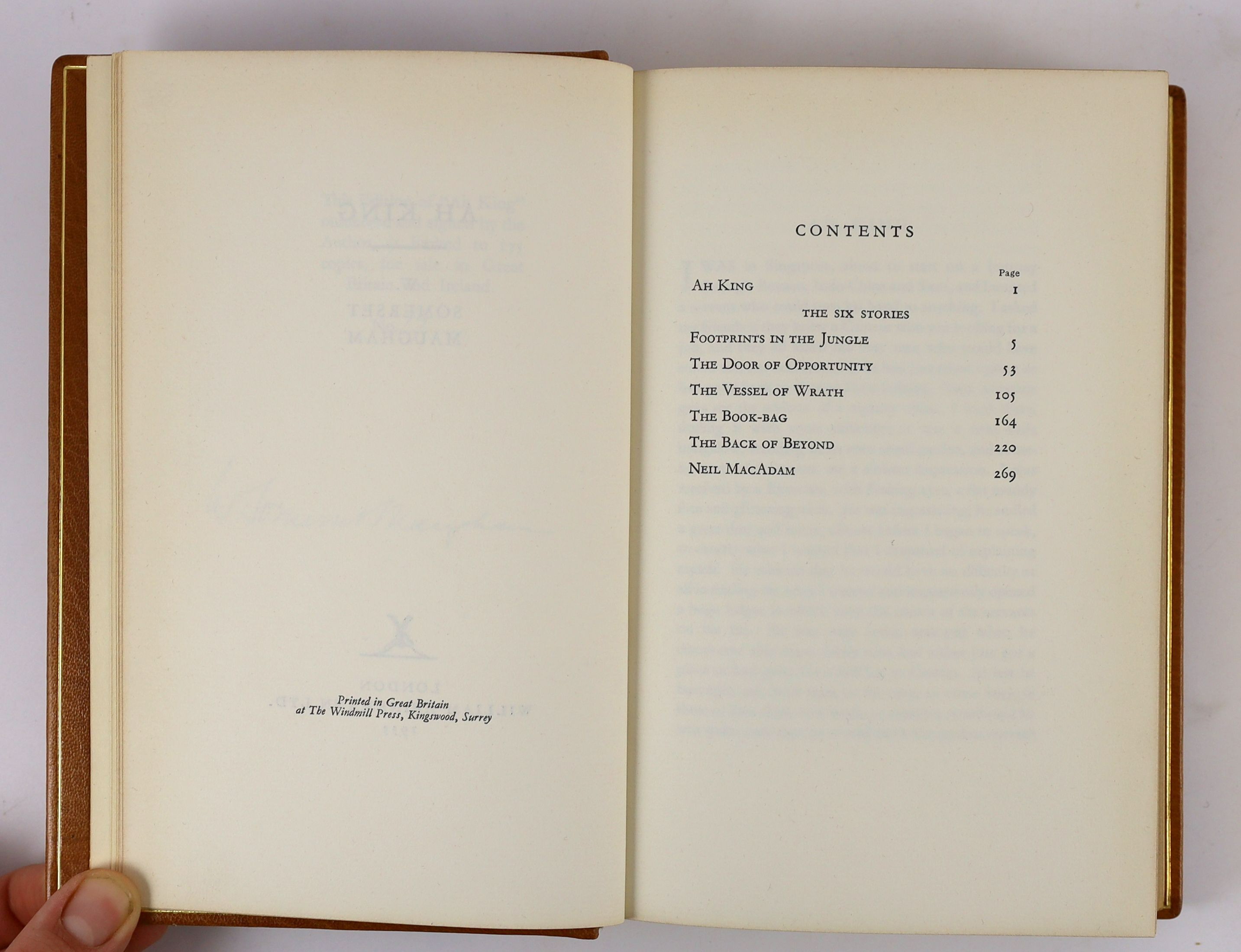 Maugham, William Somerset - Ah King, 1st edition, one of 175, signed, 8vo, calf gilt by Sangorski and Sutcliffe, William Heinemann, London, 1933